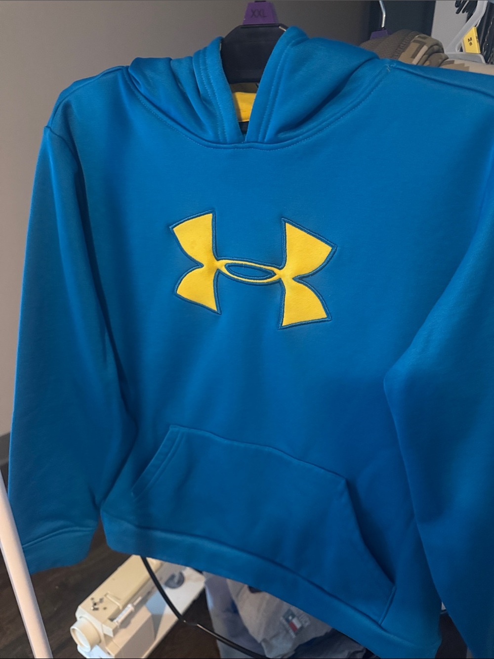 Under Armour Teal Blue Pullover Hoodie with Yellow Logo